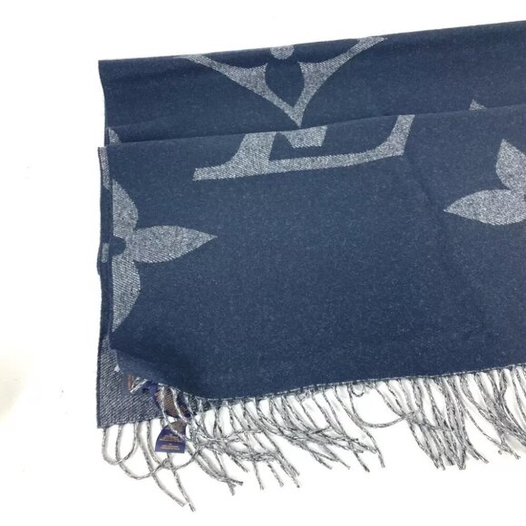 LOUIS VUITTON Monogram Muffler Monogram Giant fringe Scarf Cashmere Navy - Picture 4 of 8